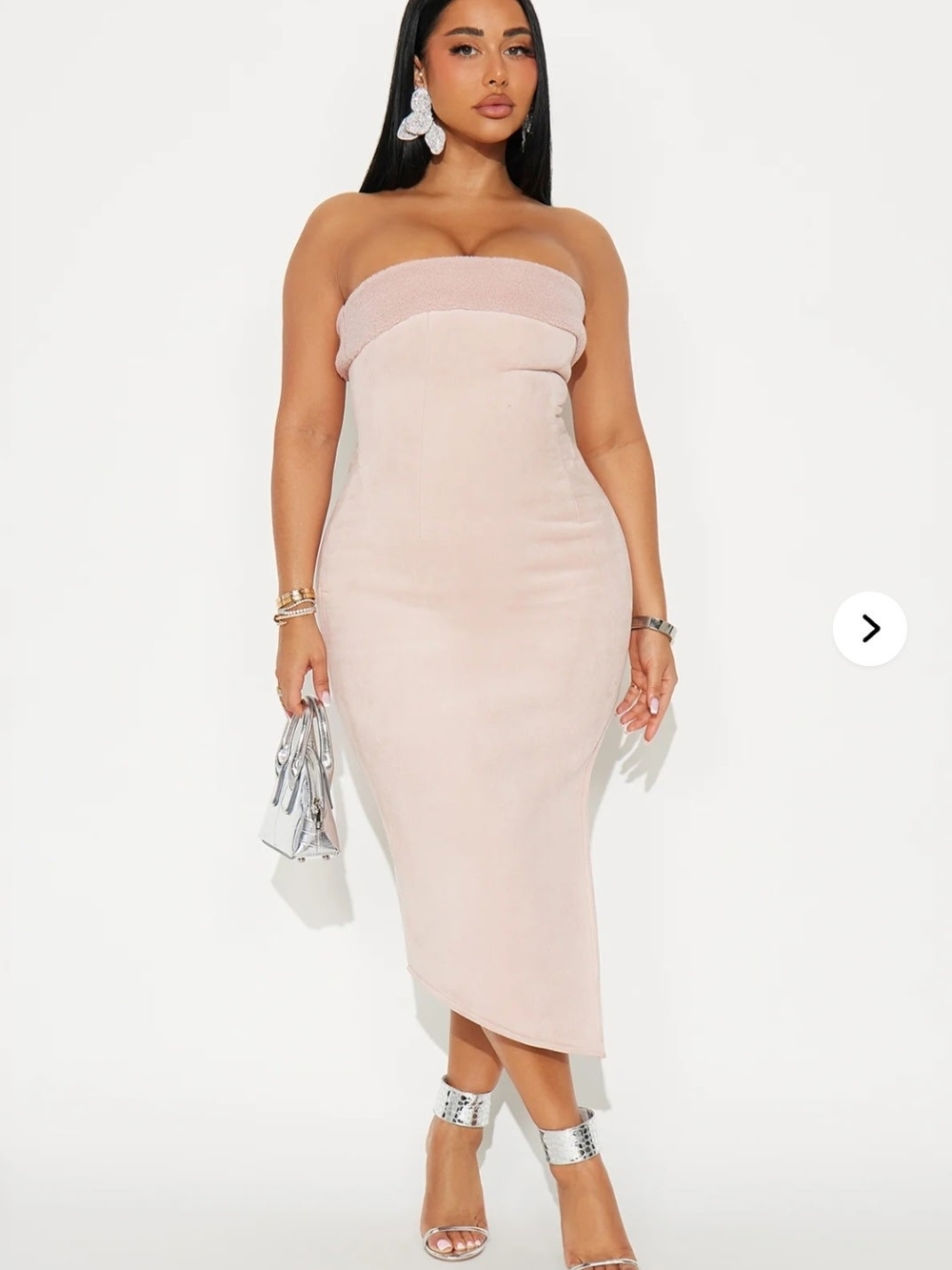 Teddy Fur Trim Faux Suede Midi Dress